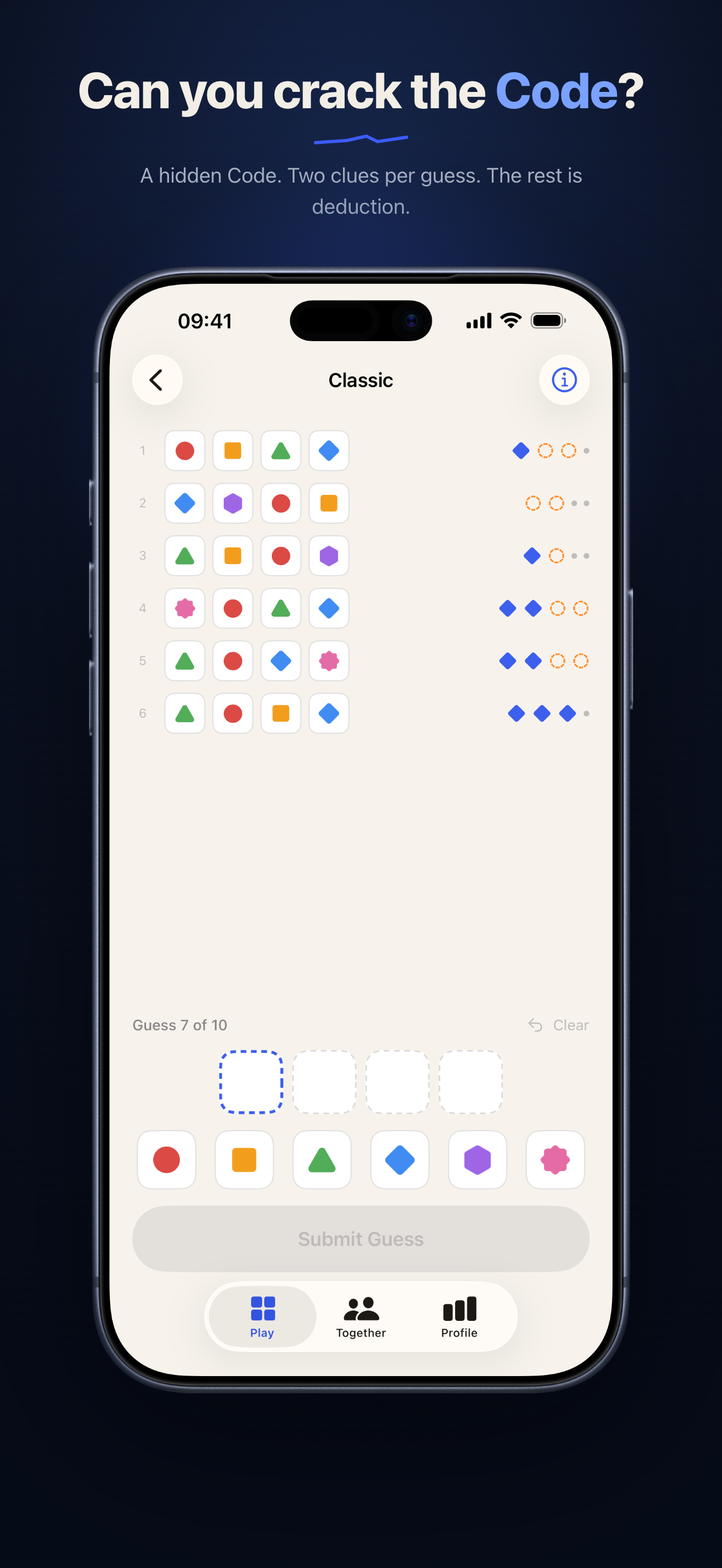 A Crack board mid-game, six attempts in, showing Locked and Drifted feedback