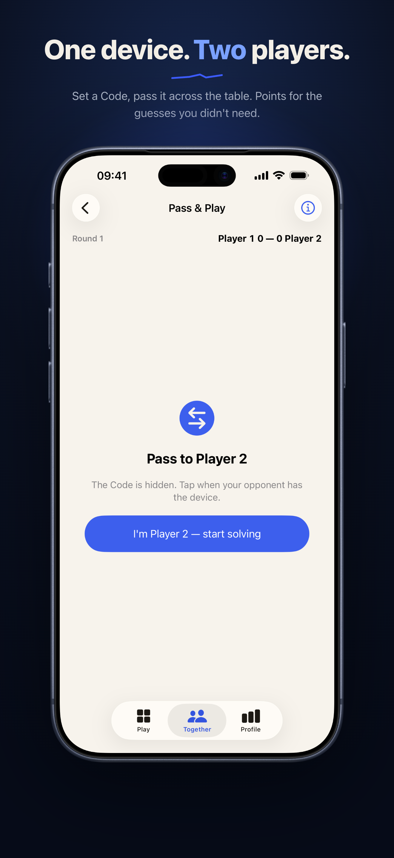 The Pass and Play hand-over screen keeping the cipher private